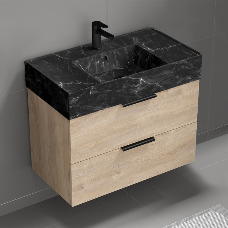 Nameeks DERIN873 Bathroom Vanity With Black Marble Design Sink, Wall Mounted, 32 Inch, Modern, Brown Oak